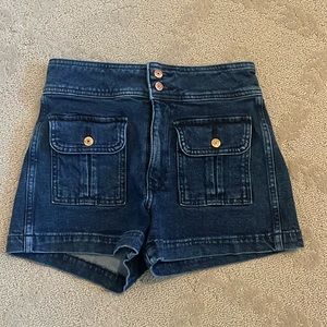 GAP Dark Blue High-Waist Jean Shorts with Front Patch Pockets